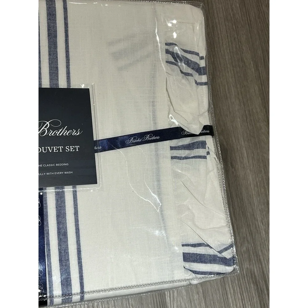 Brooks Brothers White Blue Striped Cotton Ruffled 3 Pc King Duvet Set New